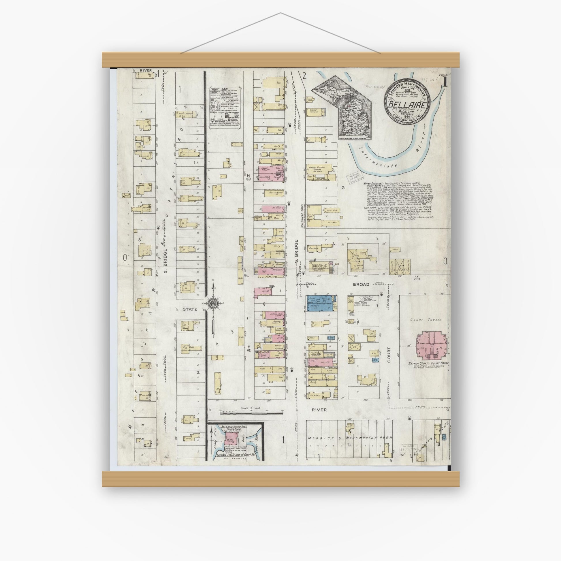 Old map wall art mockup — magnetic wood frame on white wall — Sanborn Fire Insurance Map from Bellaire, Antrim County, Michigan (1920) - Complete Map Set