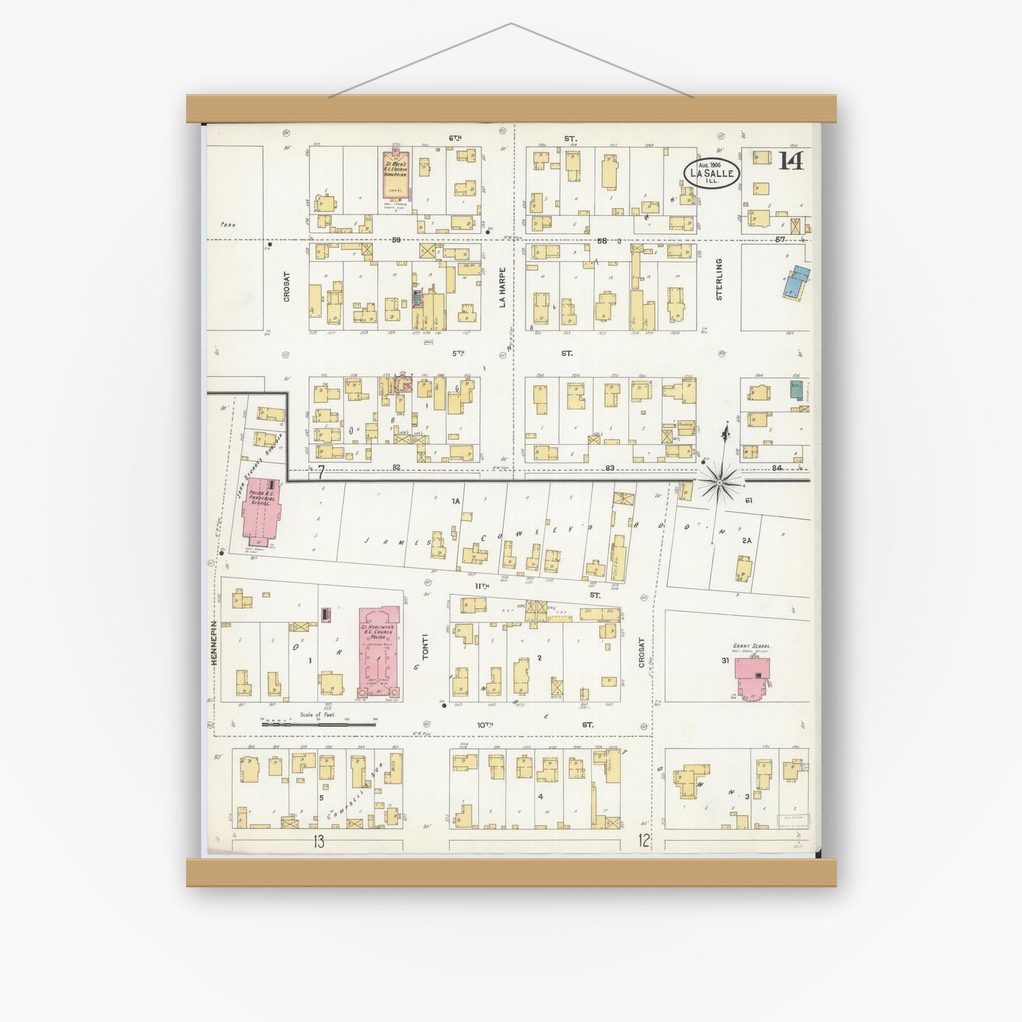 Old map wall art mockup — magnetic wood frame on white wall — Sanborn Fire Insurance Map from La Salle, La Salle County, Illinois (1906), Sheet #0014