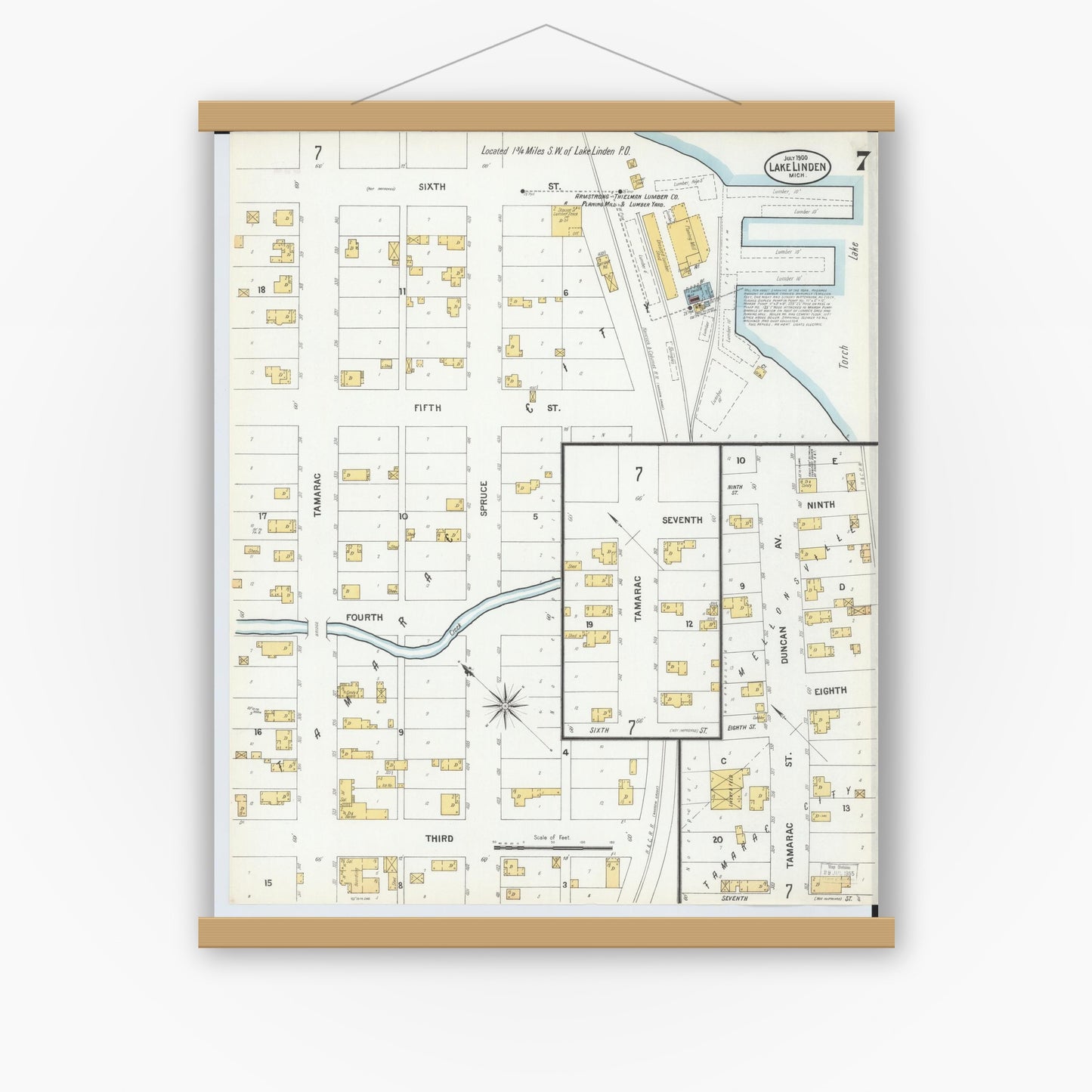 Old map wall art mockup — magnetic wood frame on white wall — Sanborn Fire Insurance Map from Lake Linden, Houghton County, Michigan (1900), Sheet #0007