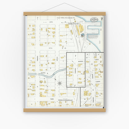 Old map wall art mockup — magnetic wood frame on white wall — Sanborn Fire Insurance Map from Lake Linden, Houghton County, Michigan (1900), Sheet #0007