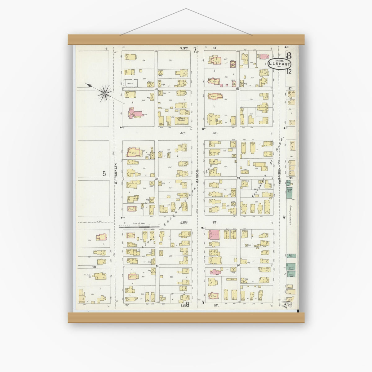 Old map wall art mockup — magnetic wood frame on white wall — Sanborn Fire Insurance Map from Elkhart, Elkhart County, Indiana (1896), Sheet #0008