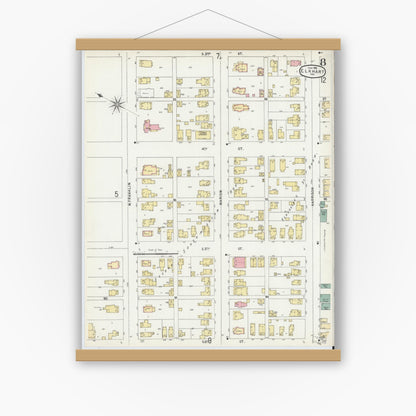 Old map wall art mockup — magnetic wood frame on white wall — Sanborn Fire Insurance Map from Elkhart, Elkhart County, Indiana (1896), Sheet #0008