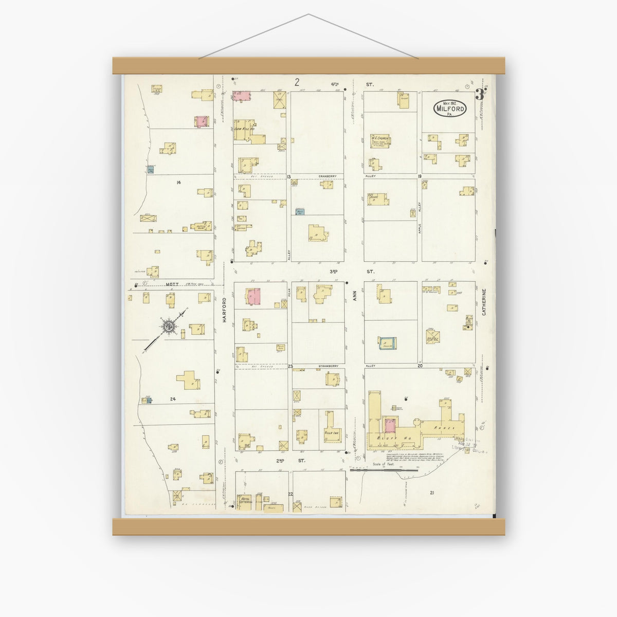 Old map wall art mockup — magnetic wood frame on white wall — Sanborn Fire Insurance Map from Milford, Pike County, Pennsylvania (1912), Sheet #0003