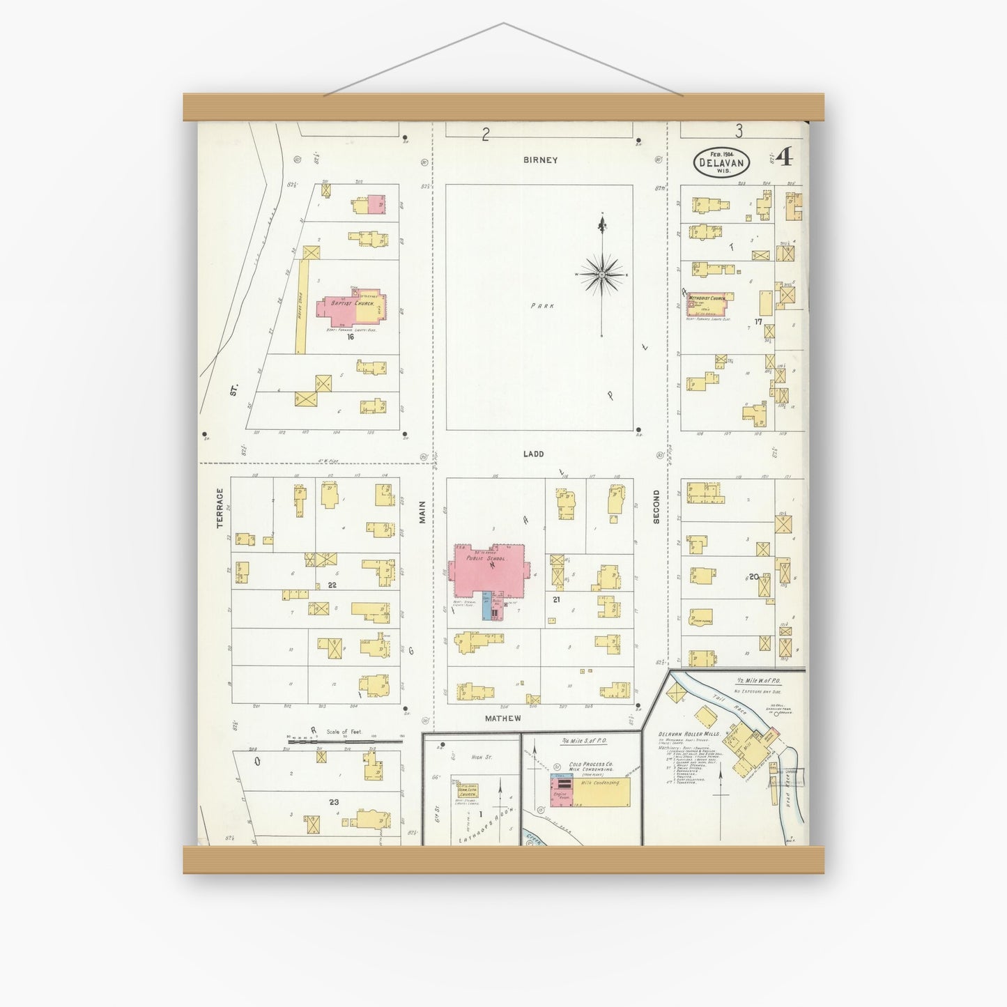 Old map wall art mockup — magnetic wood frame on white wall — Sanborn Fire Insurance Map from Delavan, Walworth County, Wisconsin (1904), Sheet #0004