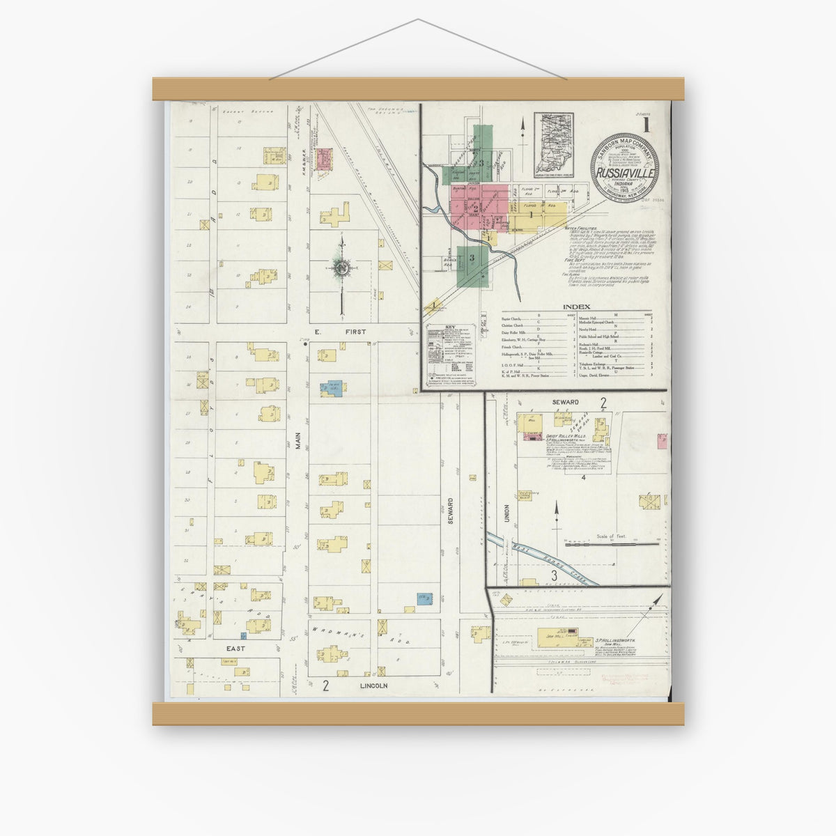 Old map wall art mockup — magnetic wood frame on white wall — Sanborn Fire Insurance Map from Russiaville, Howard County, Indiana (1913), Sheet #0001