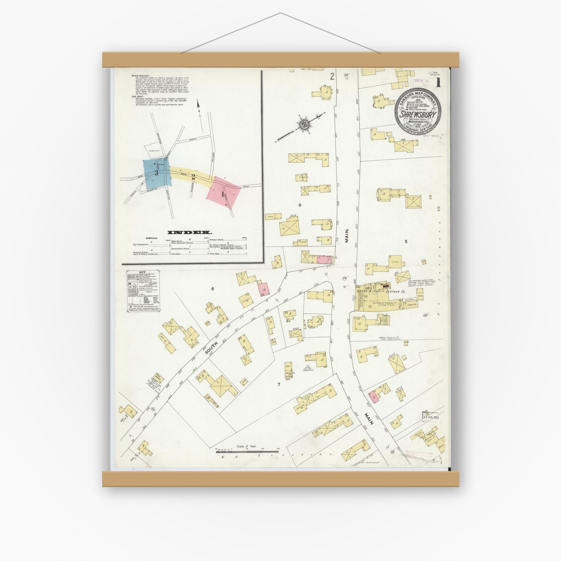 Old map wall art mockup — magnetic wood frame on white wall — Sanborn Fire Insurance Map from Shrewsbury, Worcester County, Massachusetts (1910) - Complete Map Set