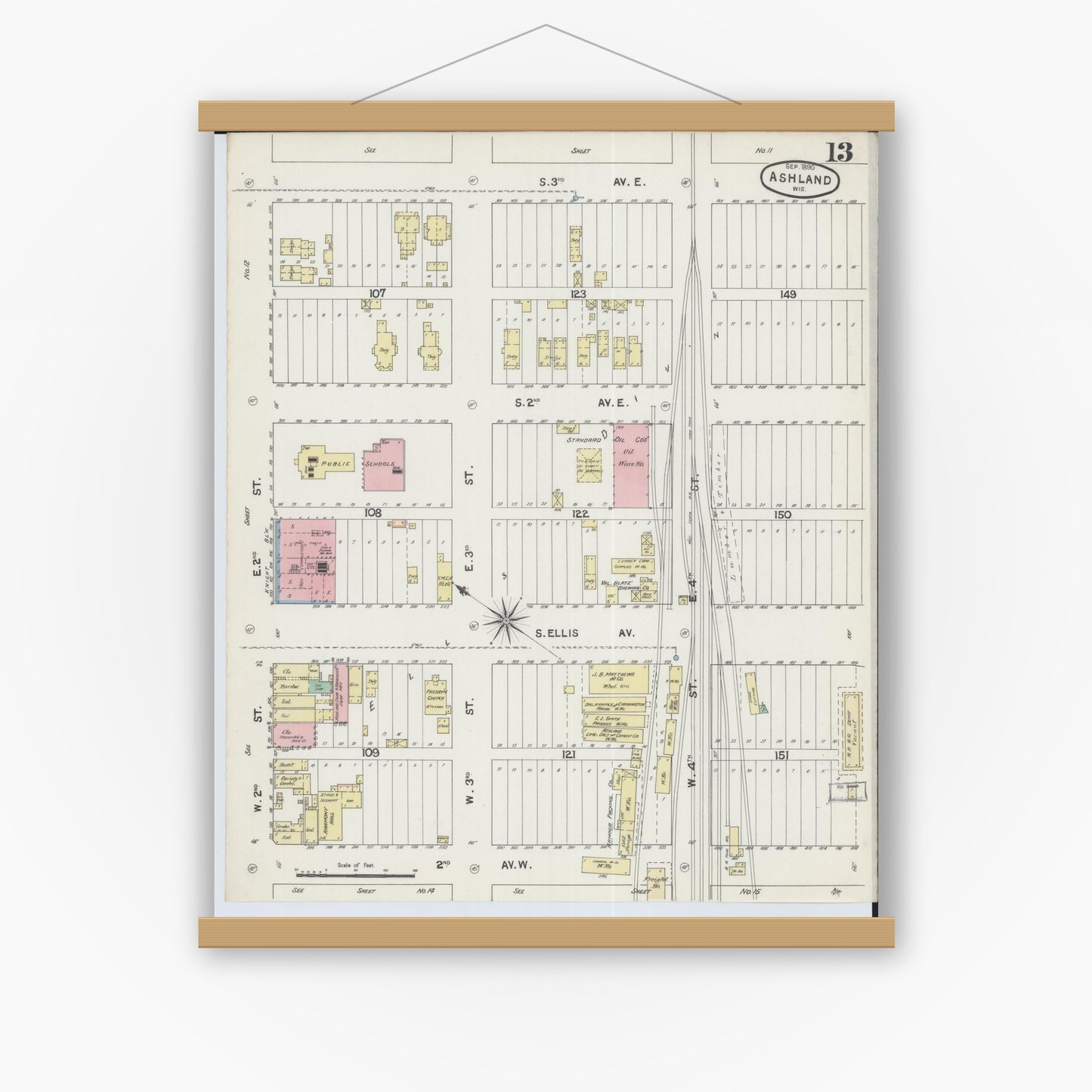 Old map wall art mockup — magnetic wood frame on white wall — Sanborn Fire Insurance Map from Ashland, Ashland County, Wisconsin (1890), Sheet #0013