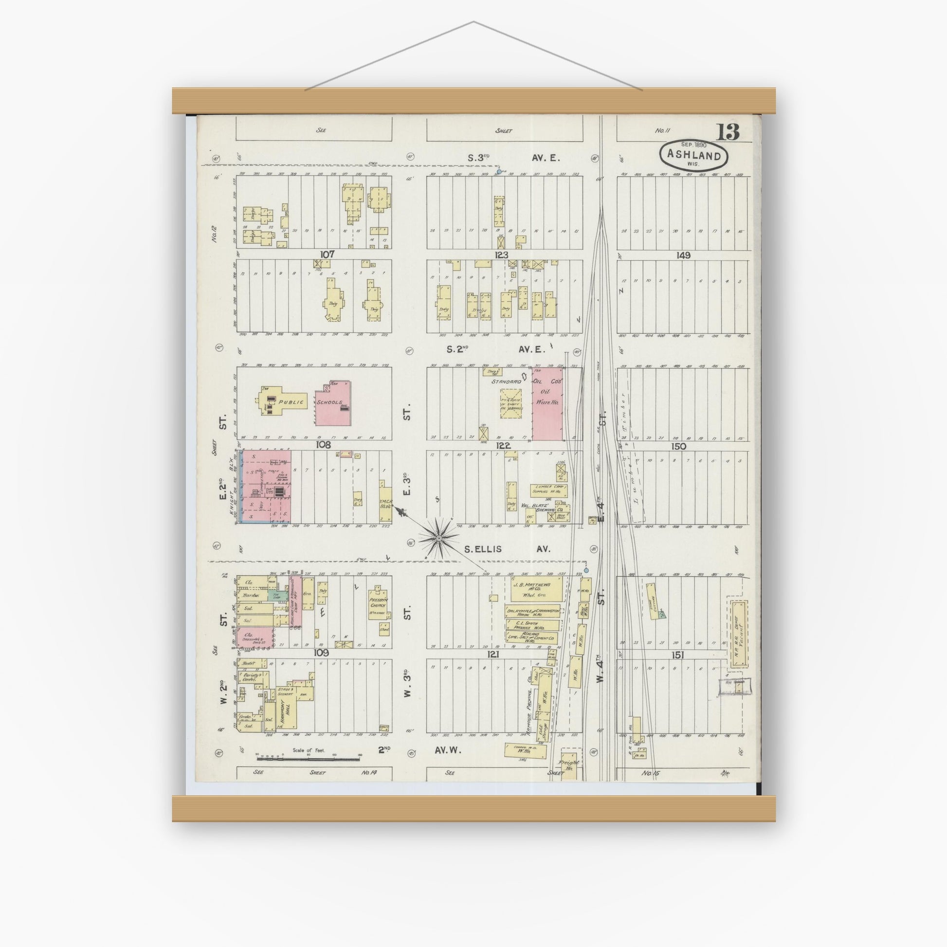 Old map wall art mockup — magnetic wood frame on white wall — Sanborn Fire Insurance Map from Ashland, Ashland County, Wisconsin (1890), Sheet #0013