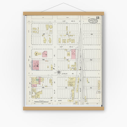 Old map wall art mockup — magnetic wood frame on white wall — Sanborn Fire Insurance Map from Ashland, Ashland County, Wisconsin (1890), Sheet #0013