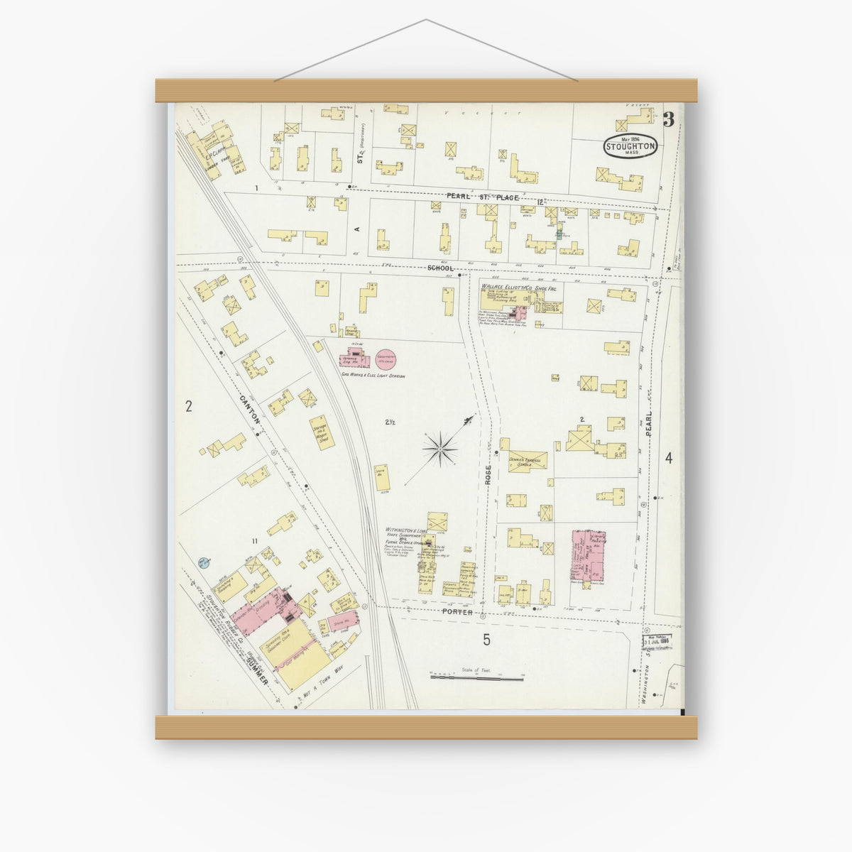 Old map wall art mockup — magnetic wood frame on white wall — Sanborn Fire Insurance Map from Stoughton, Norfolk County, Massachusetts (1896), Sheet #0003
