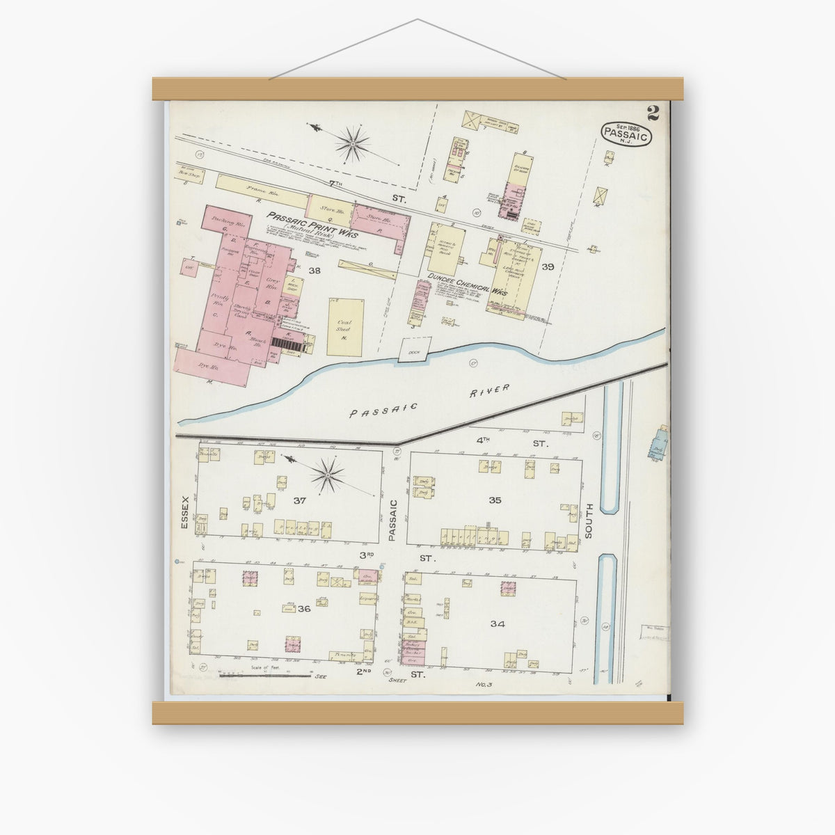 Old map wall art mockup — magnetic wood frame on white wall — Sanborn Fire Insurance Map from Passaic, Passaic County, New Jersey (1886), Sheet #0001