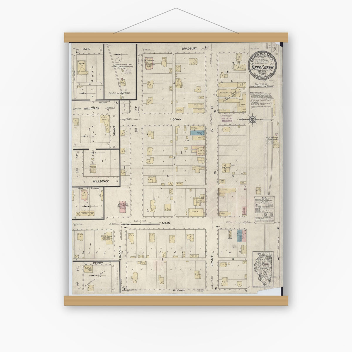 Old map wall art mockup — magnetic wood frame on white wall — Sanborn Fire Insurance Map from Deer Creek, Tazewell County, Illinois (1914), Sheet #0001