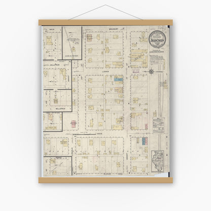 Old map wall art mockup — magnetic wood frame on white wall — Sanborn Fire Insurance Map from Deer Creek, Tazewell County, Illinois (1914), Sheet #0001