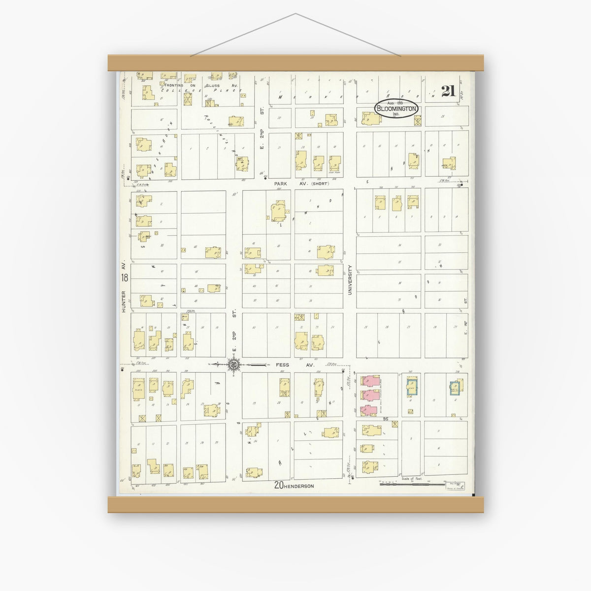 Old map wall art mockup — magnetic wood frame on white wall — Sanborn Fire Insurance Map from Bloomington, Monroe County, Indiana (1913), Sheet #0021