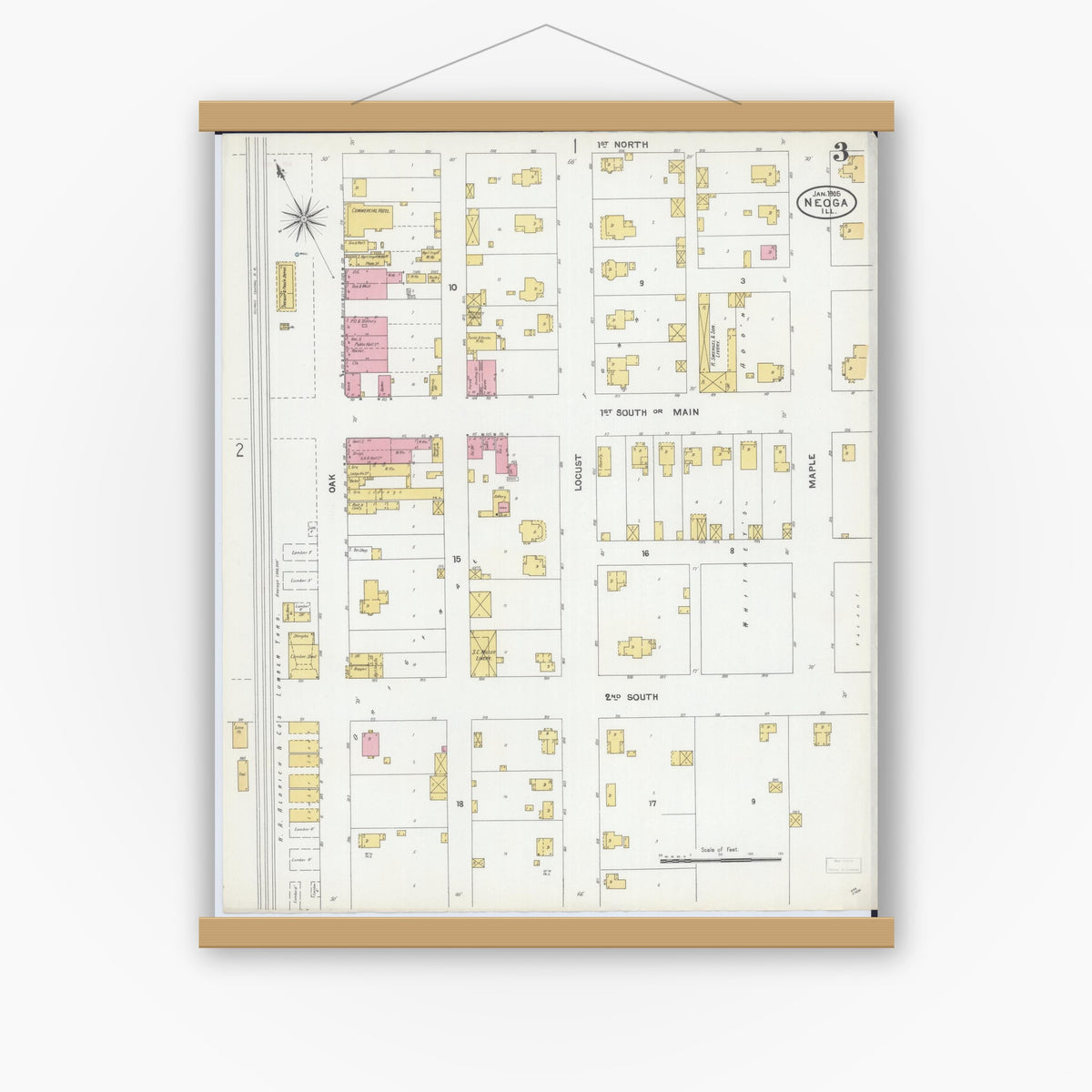 Old map wall art mockup — magnetic wood frame on white wall — Sanborn Fire Insurance Map from Neoga, Cumberland County, Illinois (1905), Sheet #0003