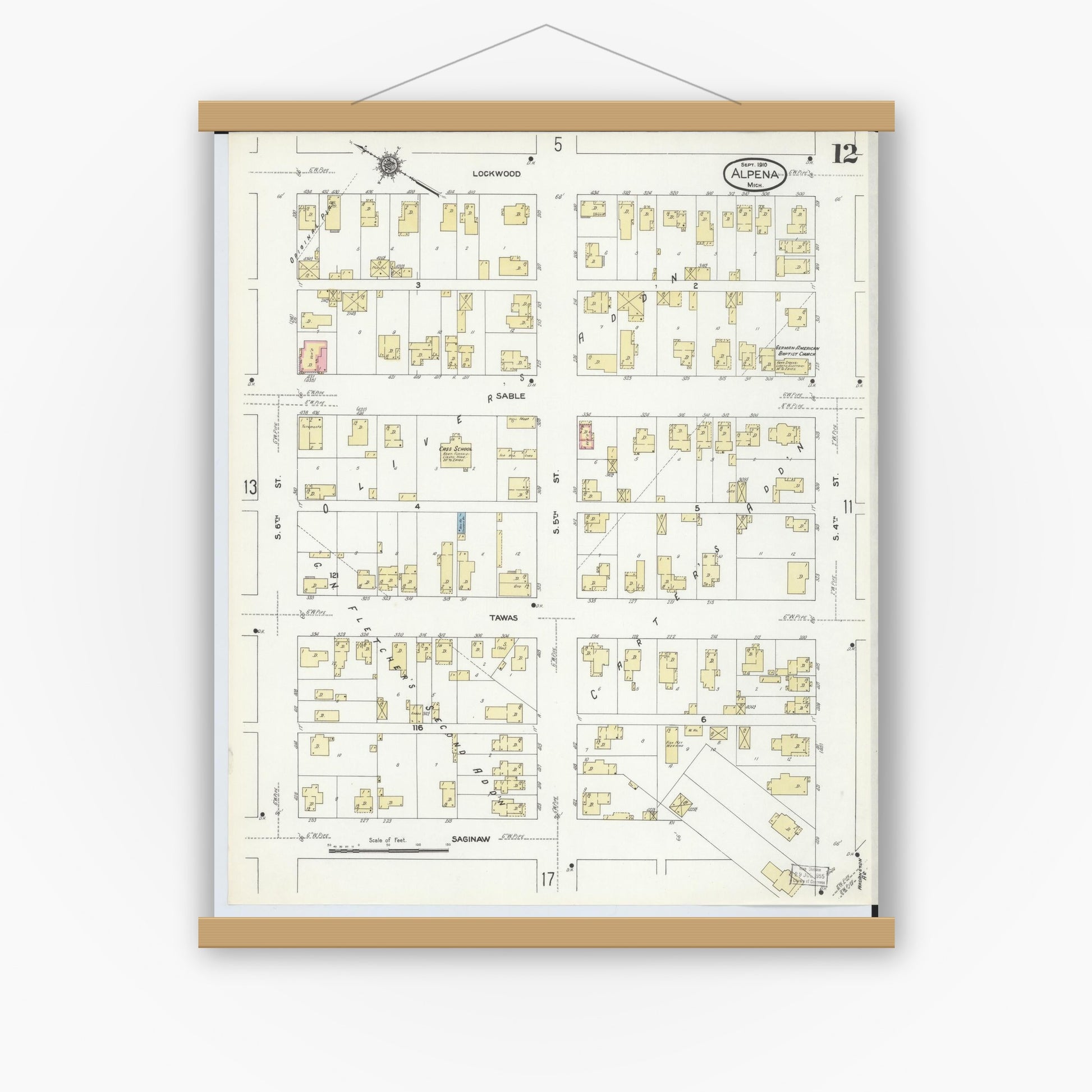 Old map wall art mockup — magnetic wood frame on white wall — Sanborn Fire Insurance Map from Alpena, Alpena County, Michigan (1910), Sheet #0012