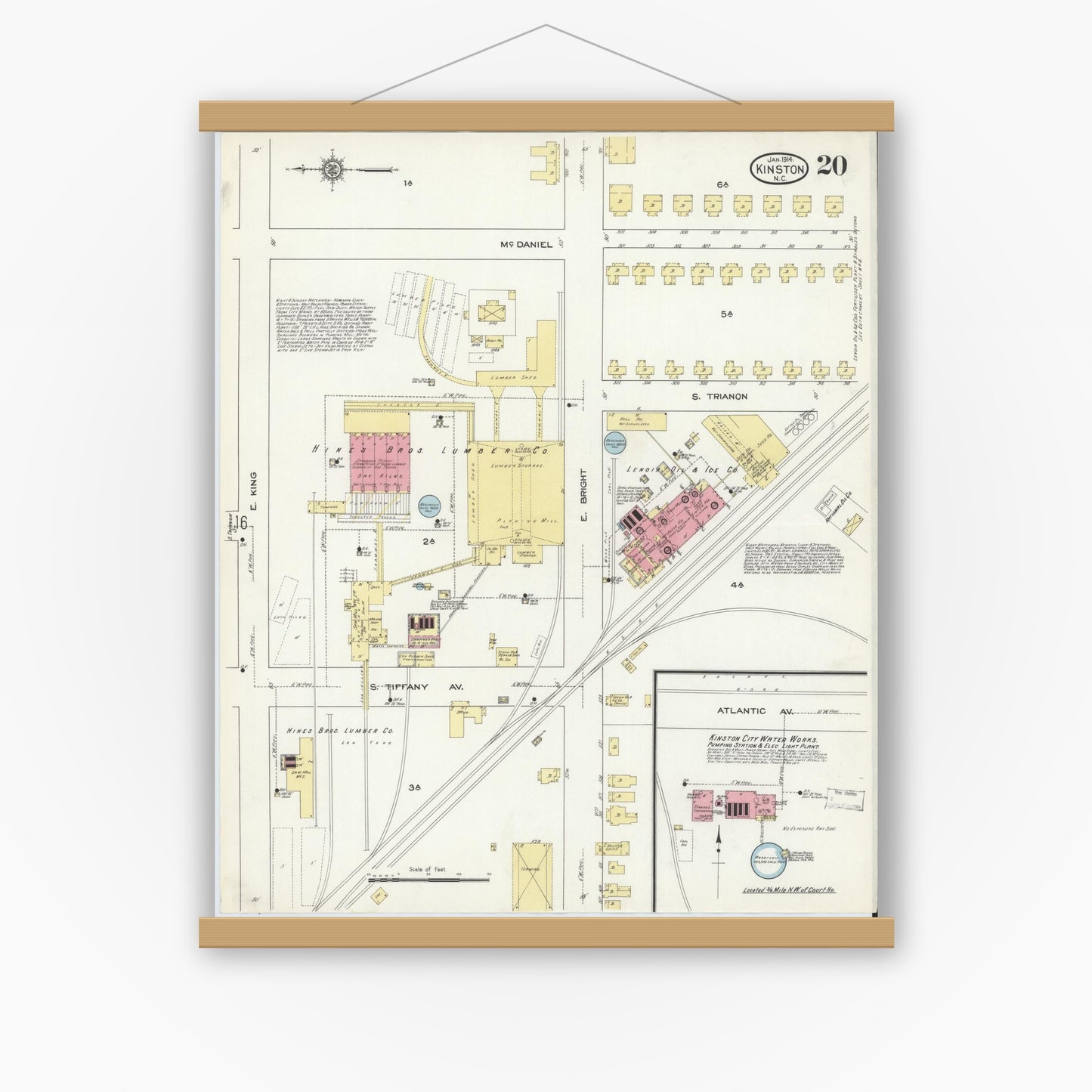 Old map wall art mockup — magnetic wood frame on white wall — Sanborn Fire Insurance Map from Kinston, Lenoir County, North Carolina (1914), Sheet #0020