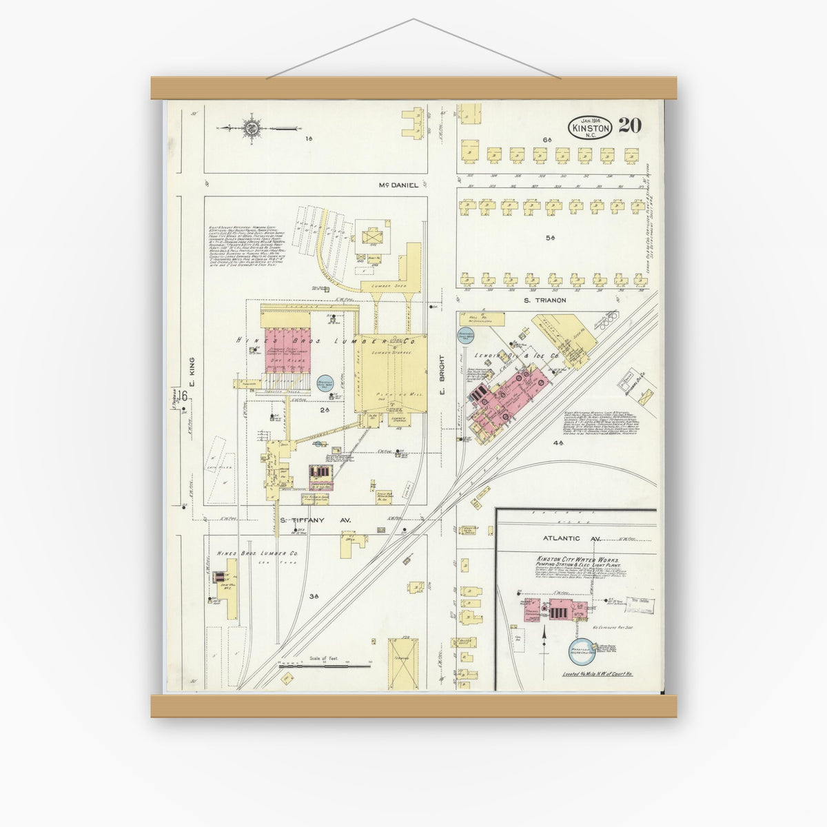 Old map wall art mockup — magnetic wood frame on white wall — Sanborn Fire Insurance Map from Kinston, Lenoir County, North Carolina (1914), Sheet #0020