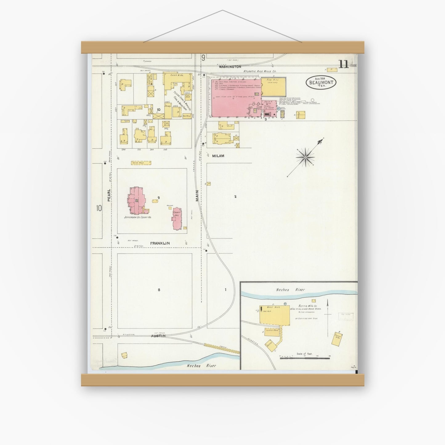 Old map wall art mockup — magnetic wood frame on white wall — Sanborn Fire Insurance Map from Beaumont, Jefferson County, Texas (1904), Sheet #0011