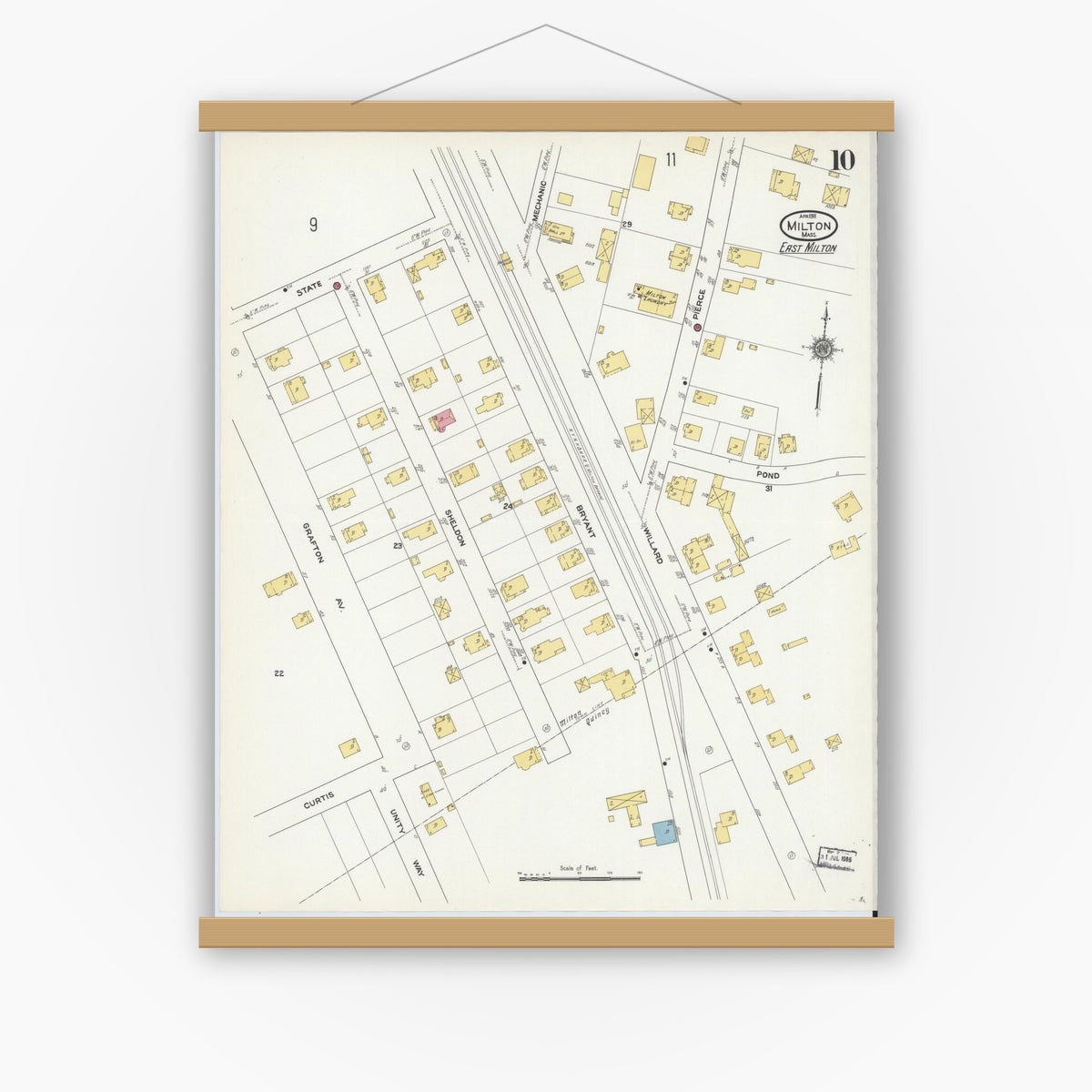 Old map wall art mockup — magnetic wood frame on white wall — Sanborn Fire Insurance Map from Milton, Norfolk County, Massachusetts (1911), Sheet #0010