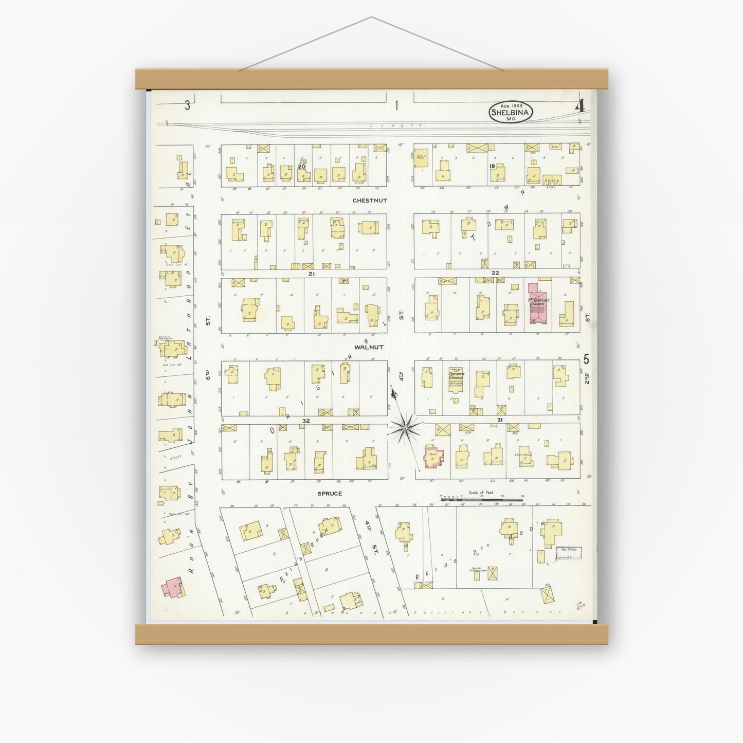 Old map wall art mockup — magnetic wood frame on white wall — Sanborn Fire Insurance Map from Shelbina, Shelby County, Missouri (1909), Sheet #0004