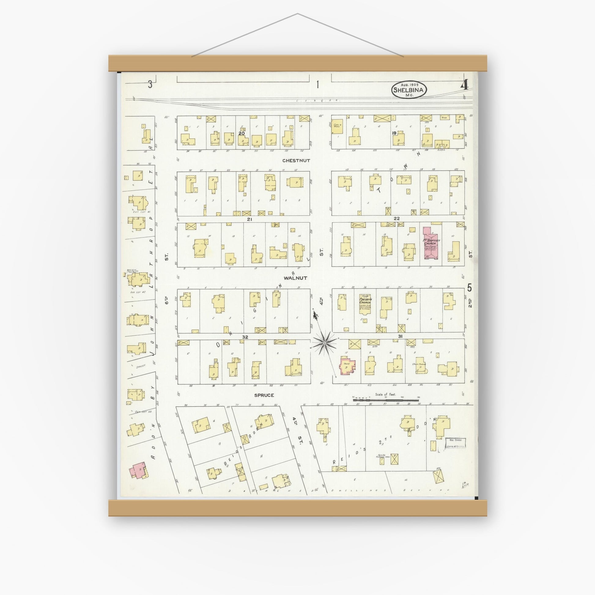 Old map wall art mockup — magnetic wood frame on white wall — Sanborn Fire Insurance Map from Shelbina, Shelby County, Missouri (1909), Sheet #0004