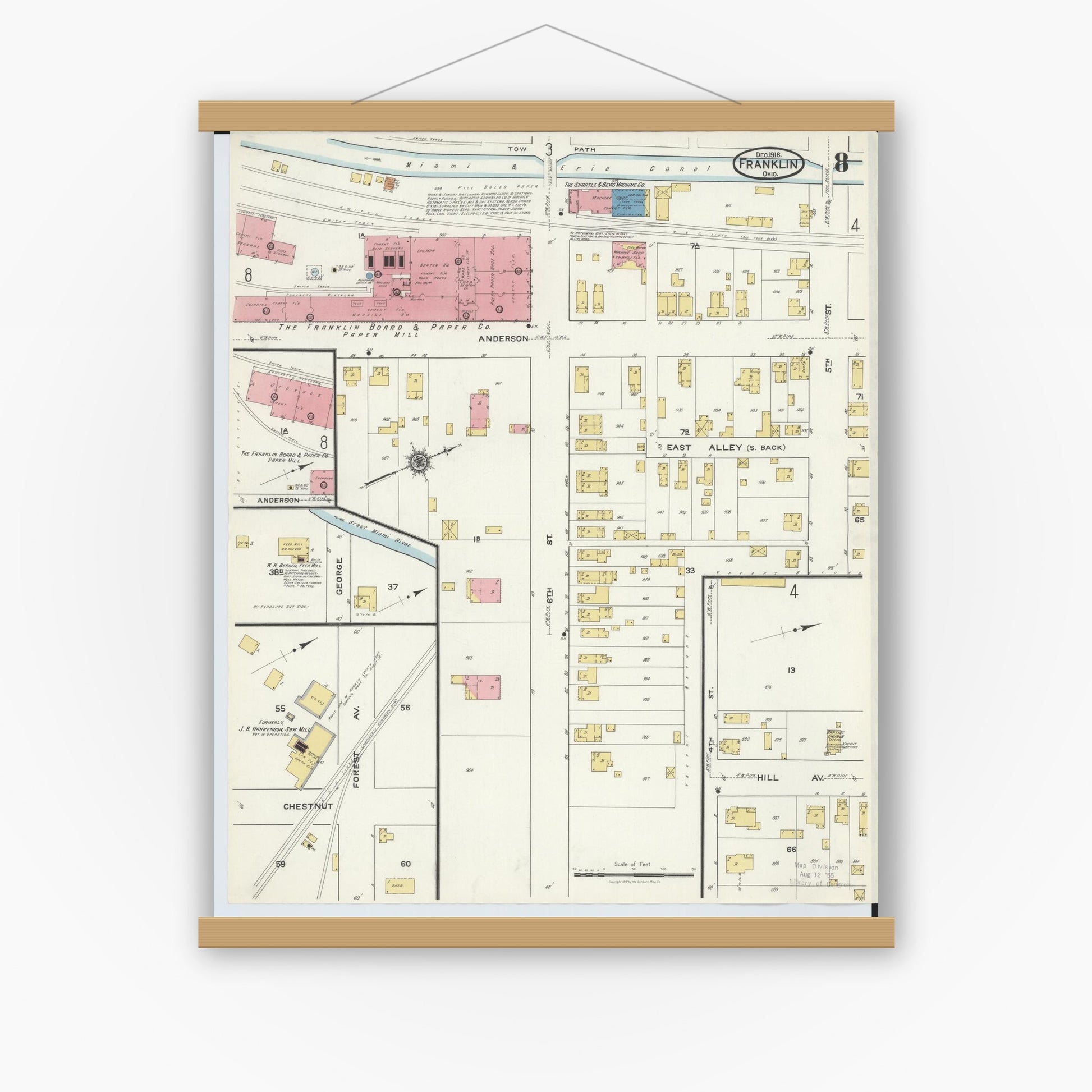 Old map wall art mockup — magnetic wood frame on white wall — Sanborn Fire Insurance Map from Franklin, Warren County, Ohio (1916), Sheet #0008