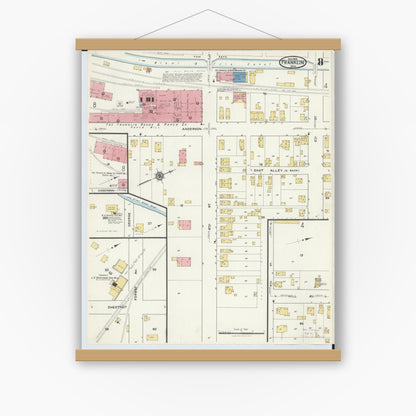 Old map wall art mockup — magnetic wood frame on white wall — Sanborn Fire Insurance Map from Franklin, Warren County, Ohio (1916), Sheet #0008