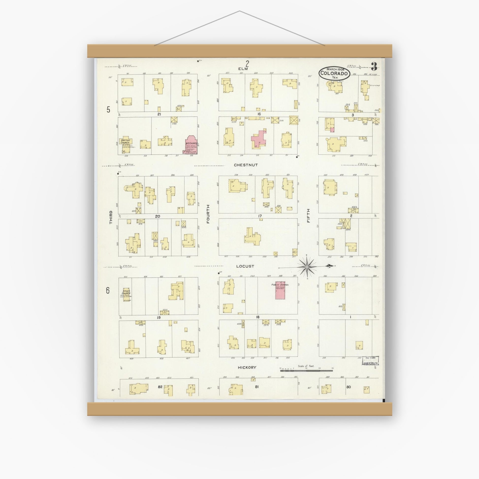 Old map wall art mockup — magnetic wood frame on white wall — Sanborn Fire Insurance Map from Colorado, Mitchell County, Texas (1908), Sheet #0003