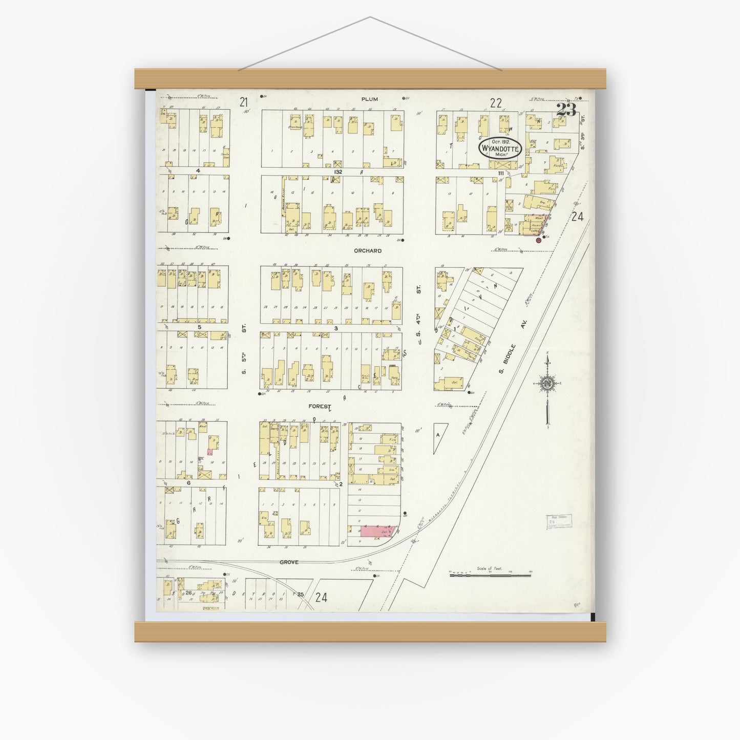 Old map wall art mockup — magnetic wood frame on white wall — Sanborn Fire Insurance Map from Wyandotte, Wayne County, Michigan (1912), Sheet #0023