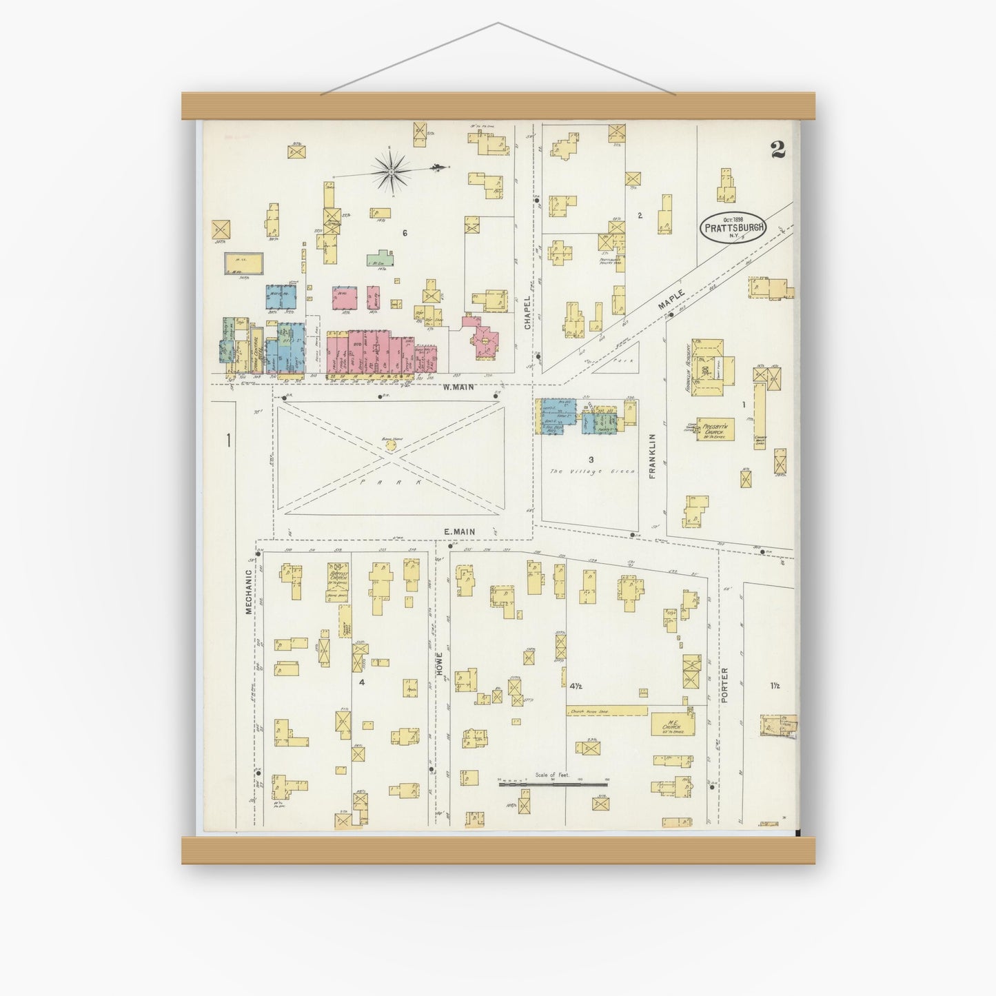 Old map wall art mockup — magnetic wood frame on white wall — Sanborn Fire Insurance Map from Prattsburgh, Steuben County, New York (1898), Sheet #0002