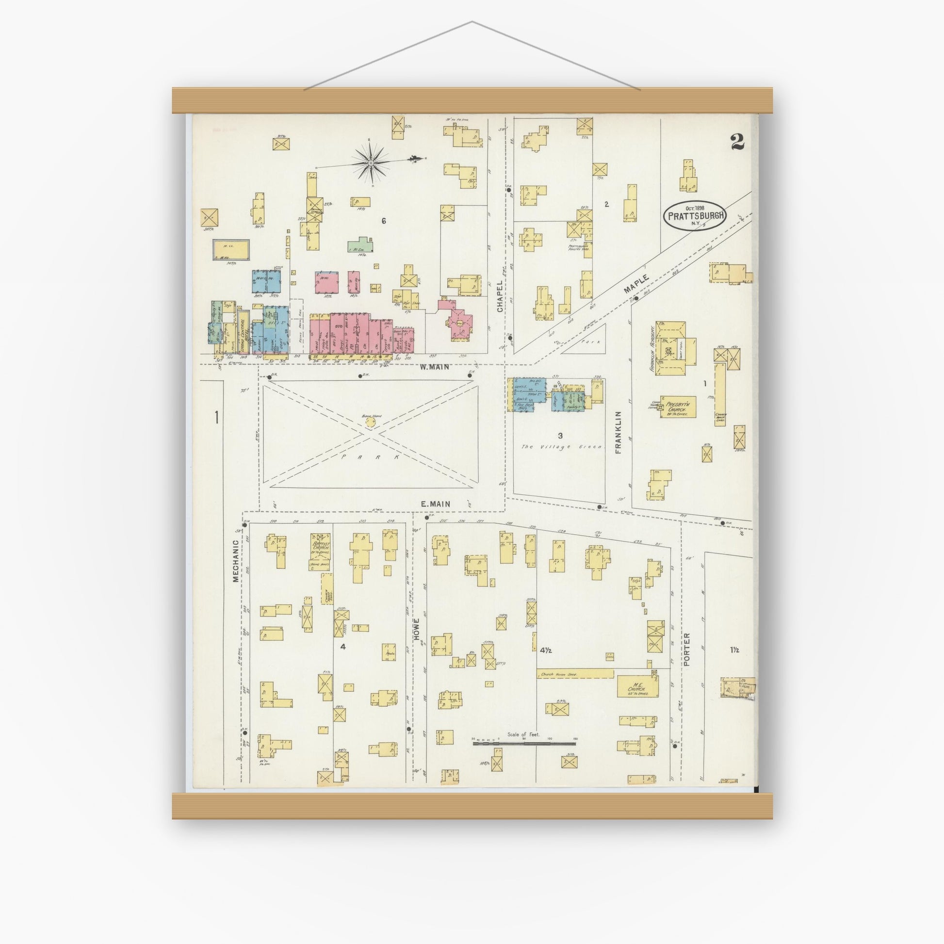 Old map wall art mockup — magnetic wood frame on white wall — Sanborn Fire Insurance Map from Prattsburgh, Steuben County, New York (1898), Sheet #0002