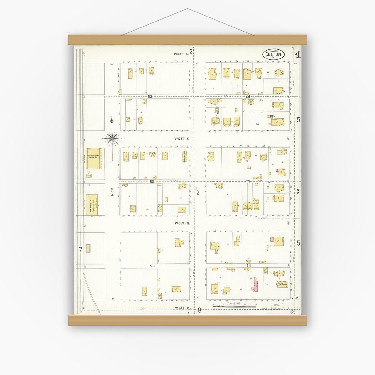 Old map wall art mockup — magnetic wood frame on white wall — Sanborn Fire Insurance Map from Colton, San Bernardino County, California (1907), Sheet #0004