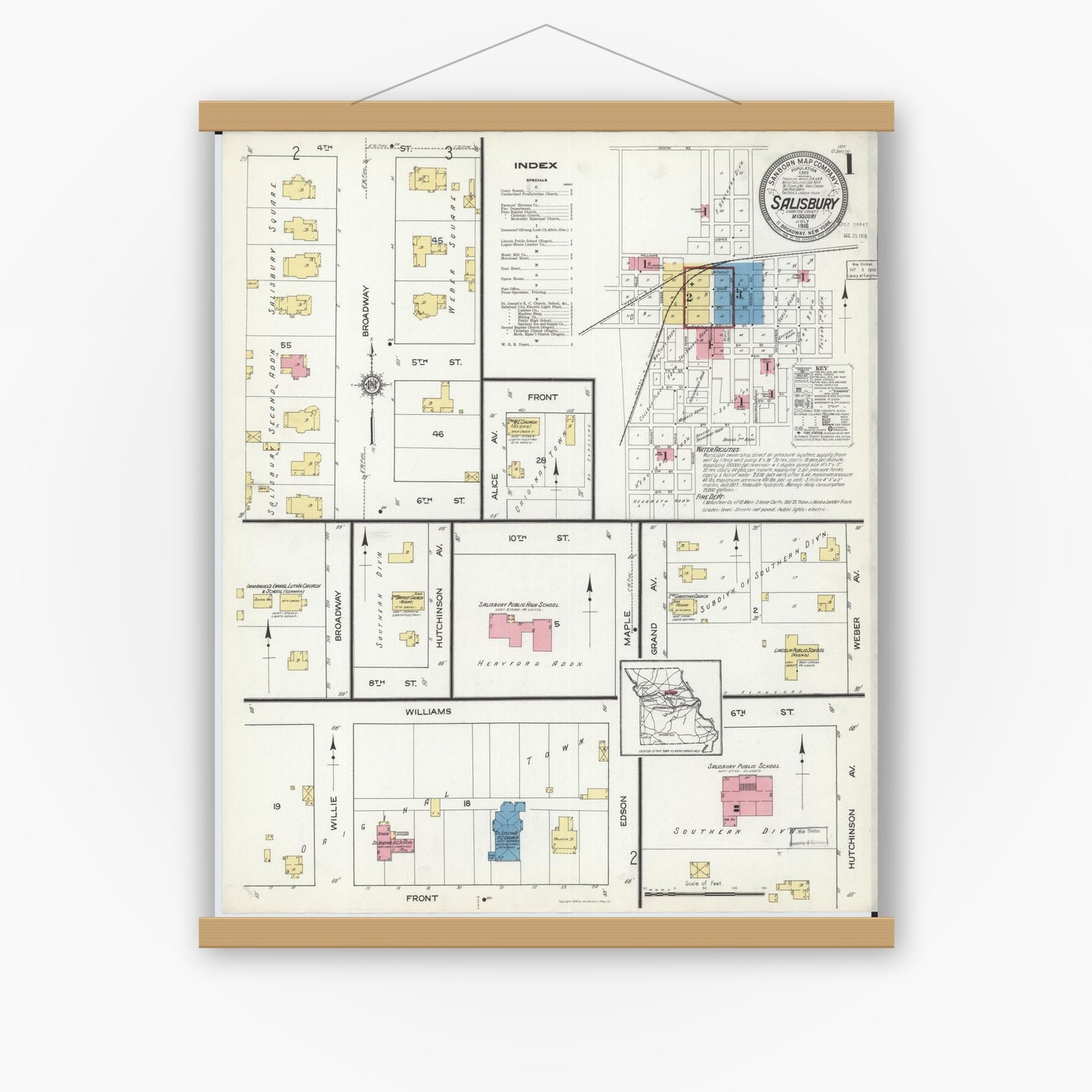 Old map wall art mockup — magnetic wood frame on white wall — Sanborn Fire Insurance Map from Salisbury, Chariton County, Missouri (1916), Sheet #0001