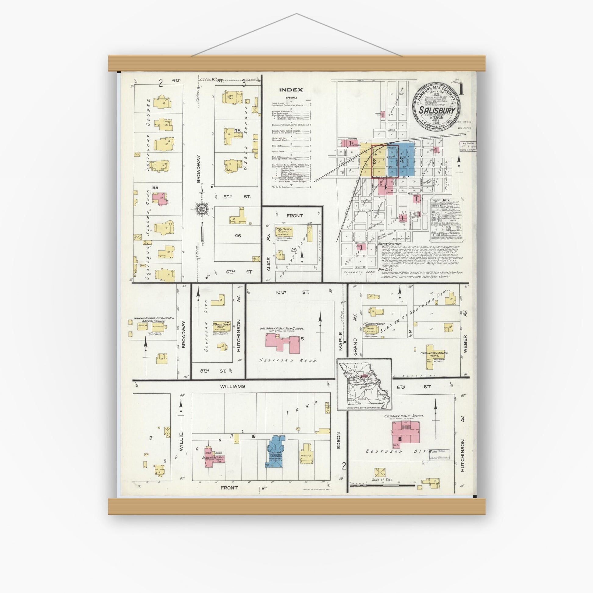 Old map wall art mockup — magnetic wood frame on white wall — Sanborn Fire Insurance Map from Salisbury, Chariton County, Missouri (1916), Sheet #0001