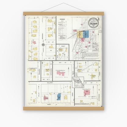 Old map wall art mockup — magnetic wood frame on white wall — Sanborn Fire Insurance Map from Salisbury, Chariton County, Missouri (1916), Sheet #0001
