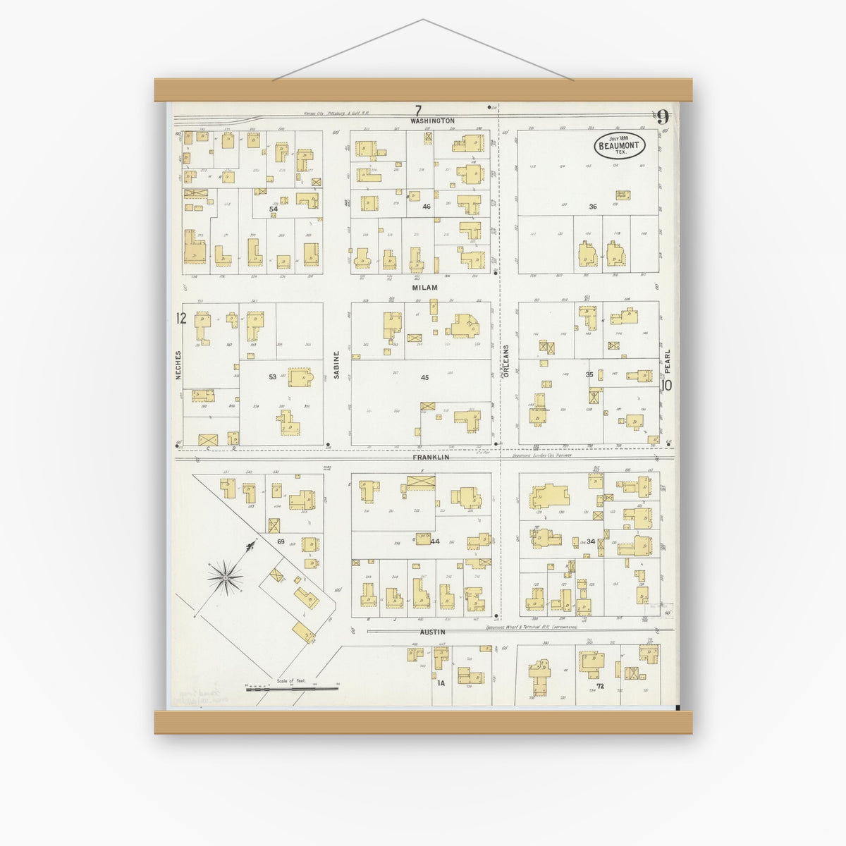 Old map wall art mockup — magnetic wood frame on white wall — Sanborn Fire Insurance Map from Beaumont, Jefferson County, Texas (1899), Sheet #0009