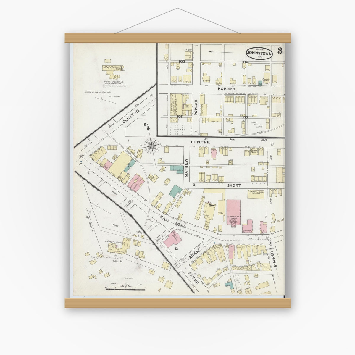 Old map wall art mockup — magnetic wood frame on white wall — Sanborn Fire Insurance Map from Johnstown, Cambria County, Pennsylvania (1891), Sheet #0003