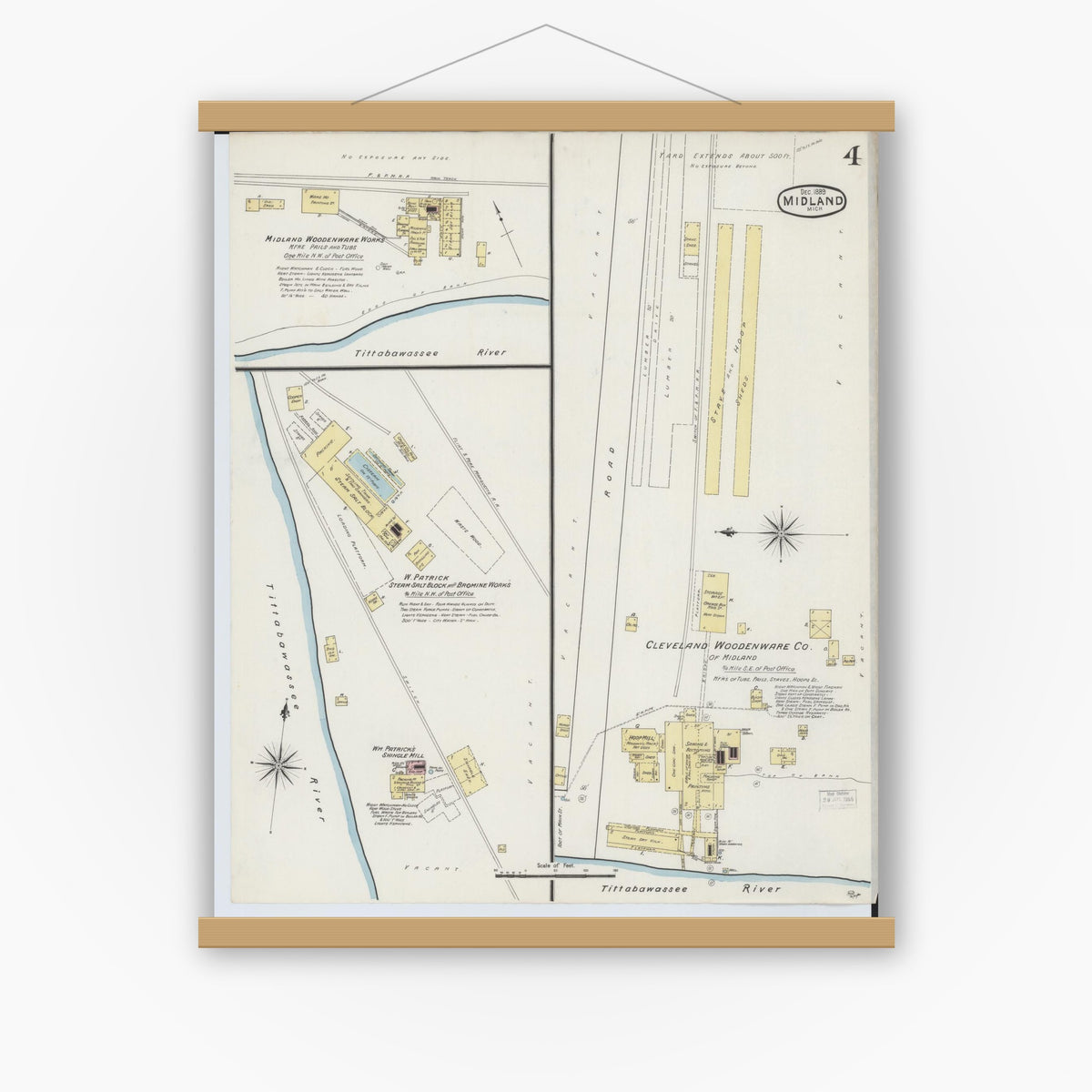 Old map wall art mockup — magnetic wood frame on white wall — Sanborn Fire Insurance Map from Midland, Midland County, Michigan (1889), Sheet #0004