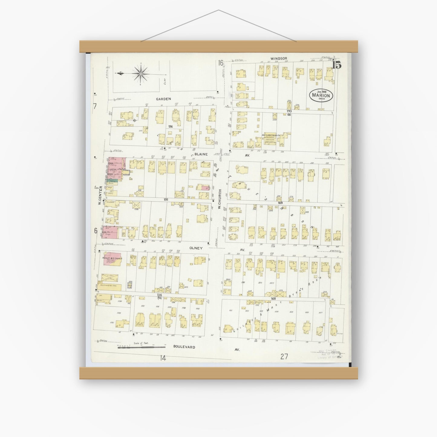 Old map wall art mockup — magnetic wood frame on white wall — Sanborn Fire Insurance Map from Marion, Marion County, Ohio (1908), Sheet #0015