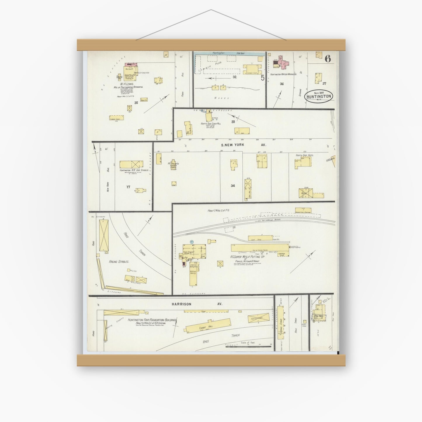 Old map wall art mockup — magnetic wood frame on white wall — Sanborn Fire Insurance Map from Huntington, Suffolk County, New York (1897), Sheet #0006