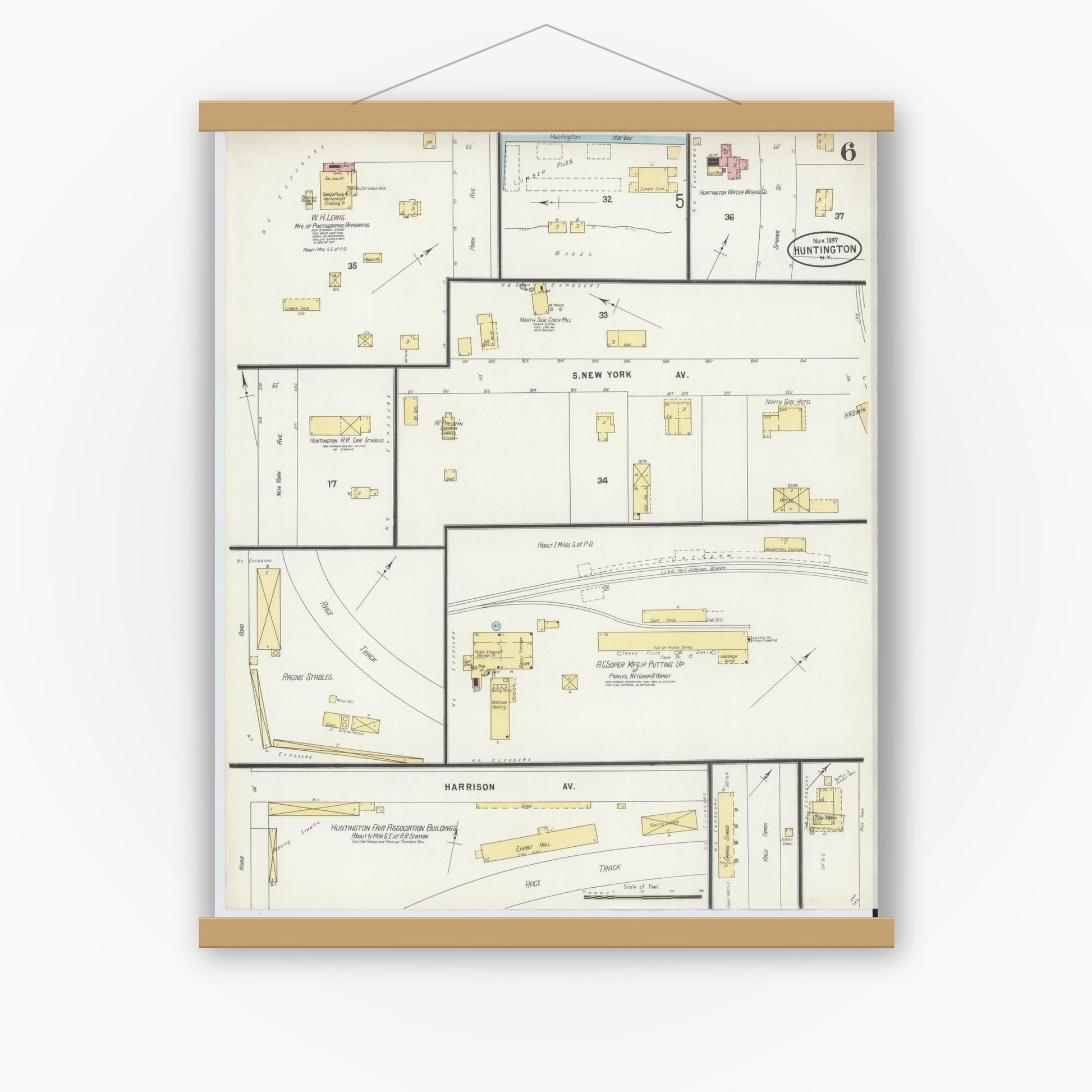Old map wall art mockup — magnetic wood frame on white wall — Sanborn Fire Insurance Map from Huntington, Suffolk County, New York (1897), Sheet #0006