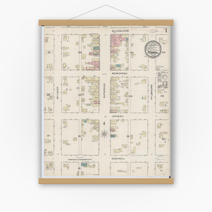 Old map wall art mockup — magnetic wood frame on white wall — Sanborn Fire Insurance Map from Tomah, Monroe County, Wisconsin (1885), Sheet #0001