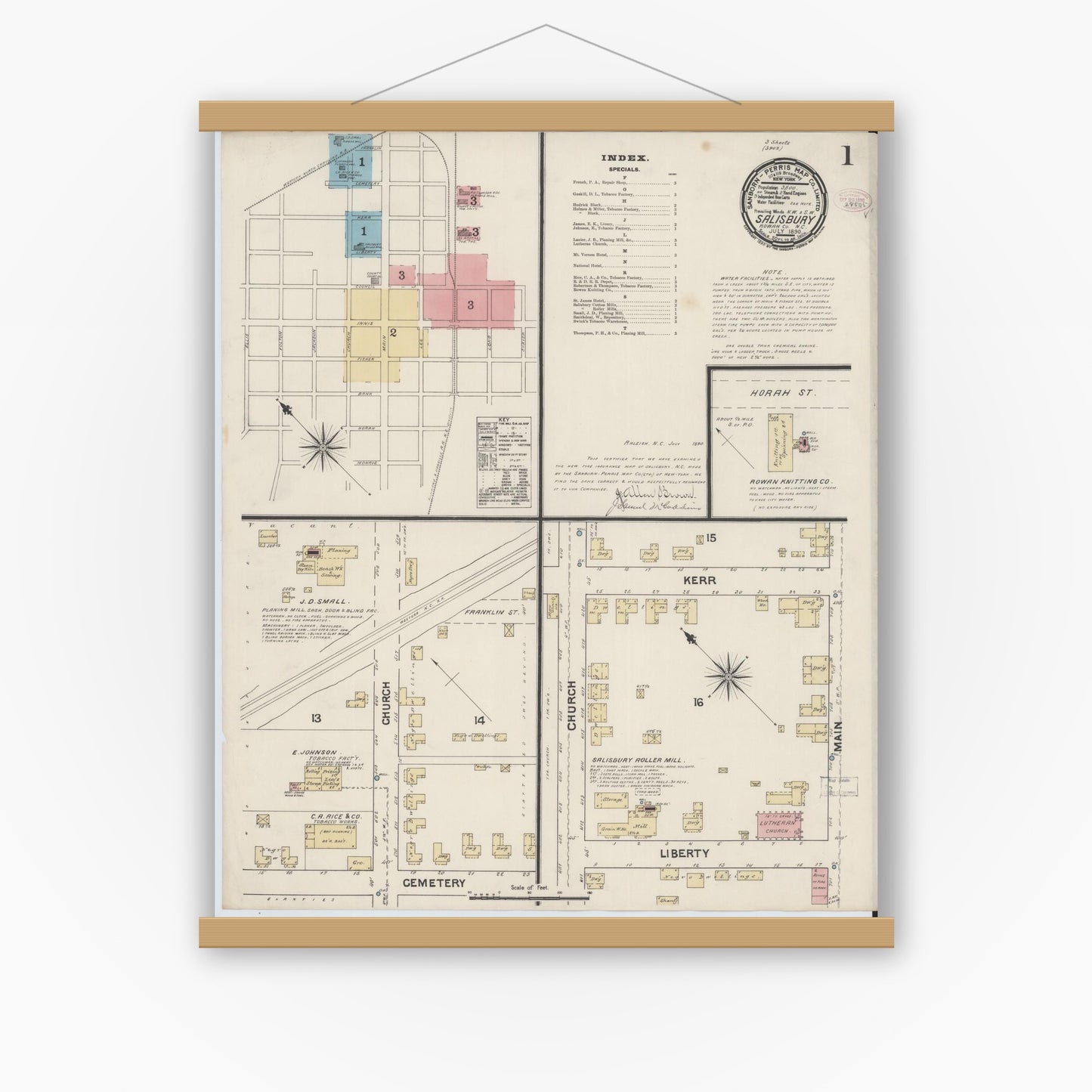 Old map wall art mockup — magnetic wood frame on white wall — Sanborn Fire Insurance Map from Salisbury, Rowan County, North Carolina (1890) - Complete Map Set