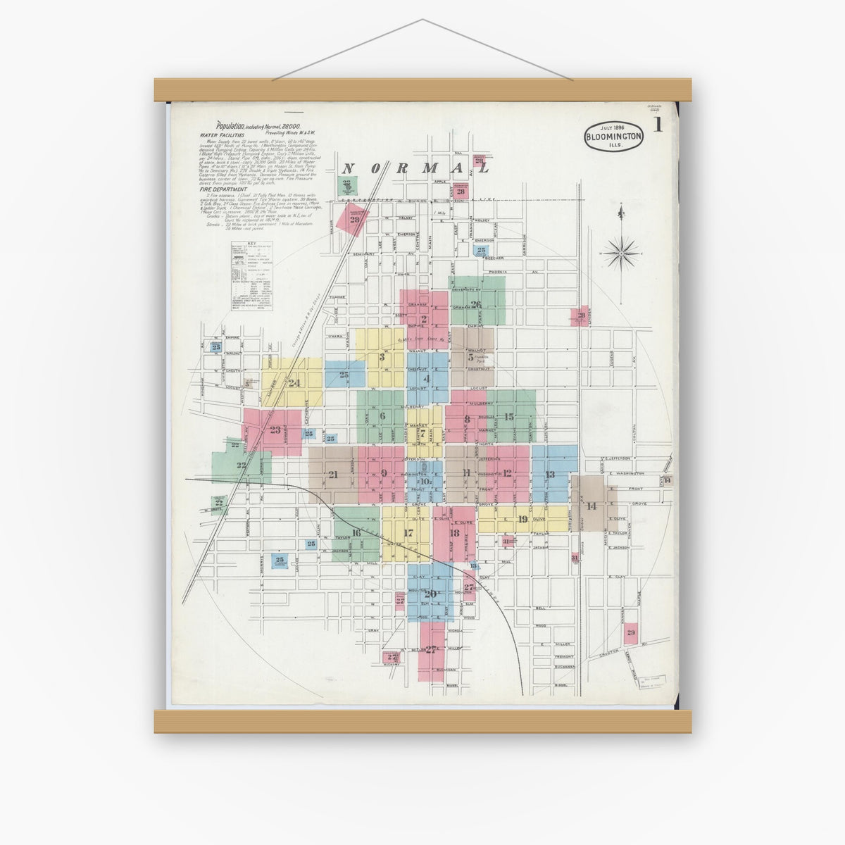 Old map wall art mockup — magnetic wood frame on white wall — Sanborn Fire Insurance Map from Bloomington, McLean County, Illinois (1896) - Complete Map Set