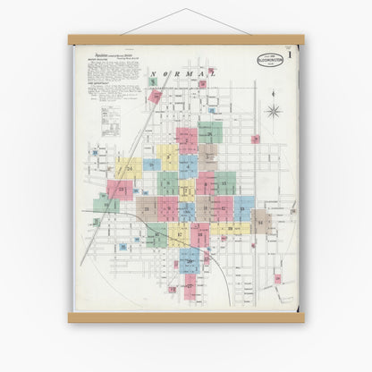 Old map wall art mockup — magnetic wood frame on white wall — Sanborn Fire Insurance Map from Bloomington, McLean County, Illinois (1896) - Complete Map Set