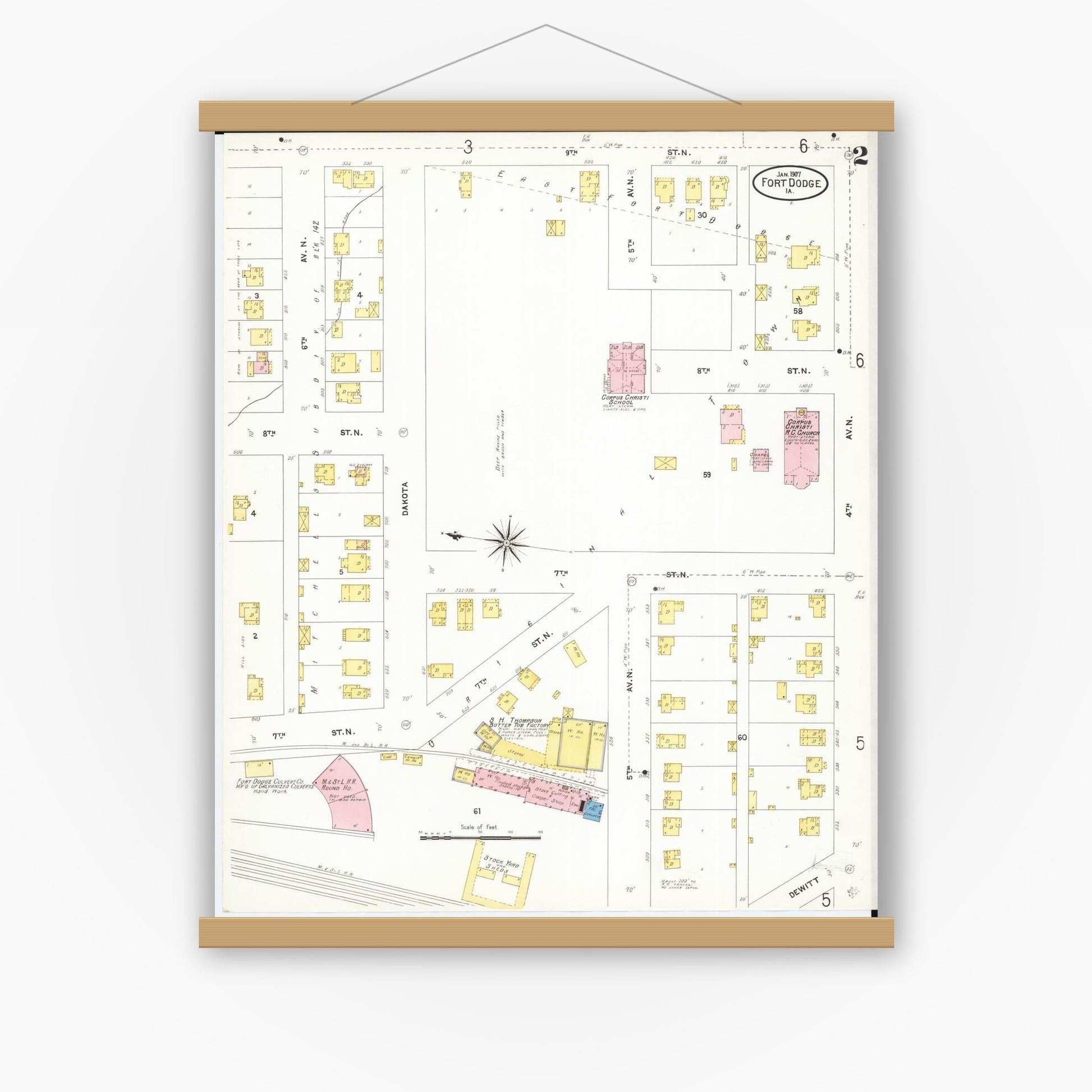 Old map wall art mockup — magnetic wood frame on white wall — Sanborn Fire Insurance Map from Fort Dodge, Webster County, Iowa (1907), Sheet #0002