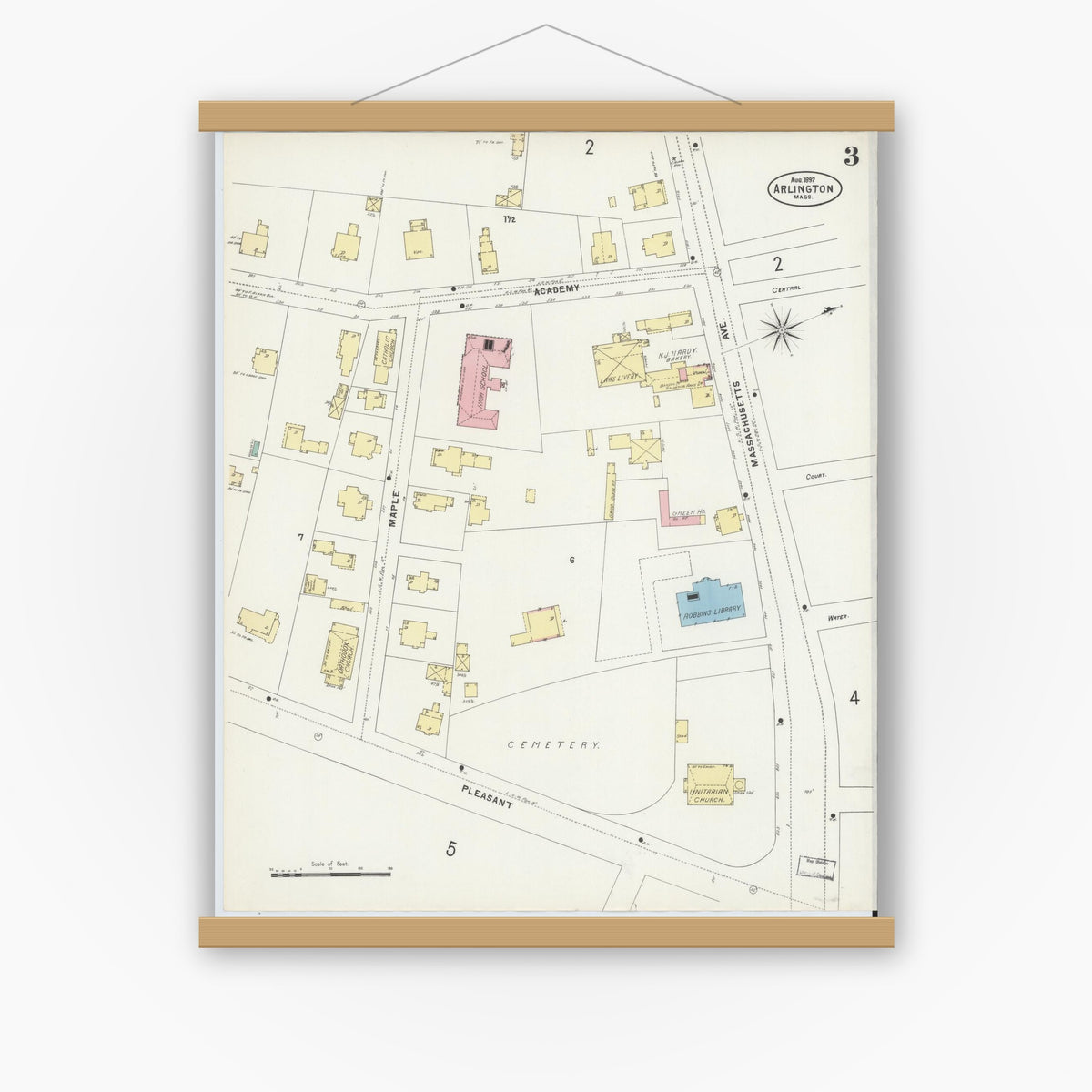 Old map wall art mockup — magnetic wood frame on white wall — Sanborn Fire Insurance Map from Arlington, Middlesex County, Massachusetts (1897), Sheet #0003