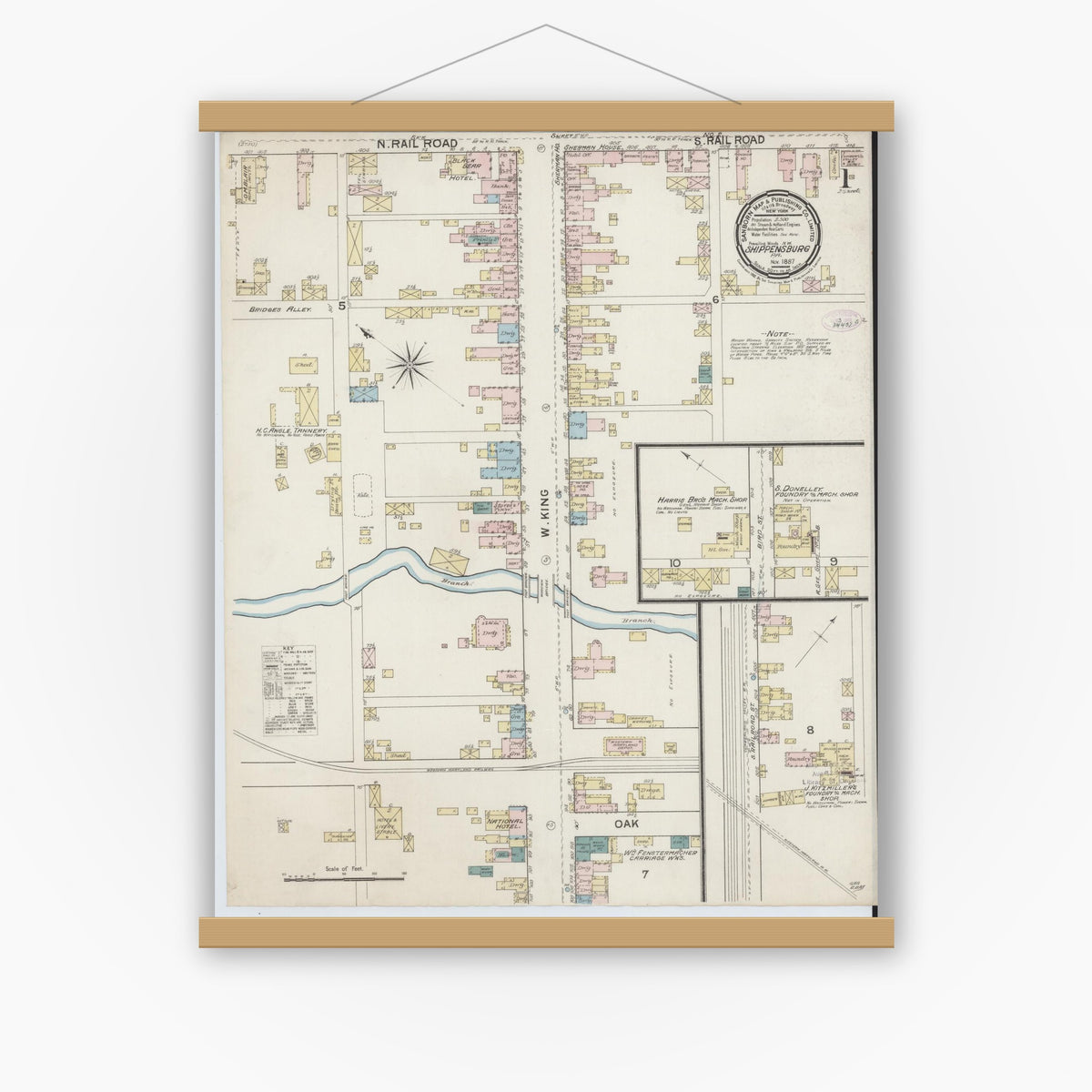 Old map wall art mockup — magnetic wood frame on white wall — Sanborn Fire Insurance Map from Shippensburg, Cumberland And Franklin Counties, Pennsylvania (1887) - Complete Map Set