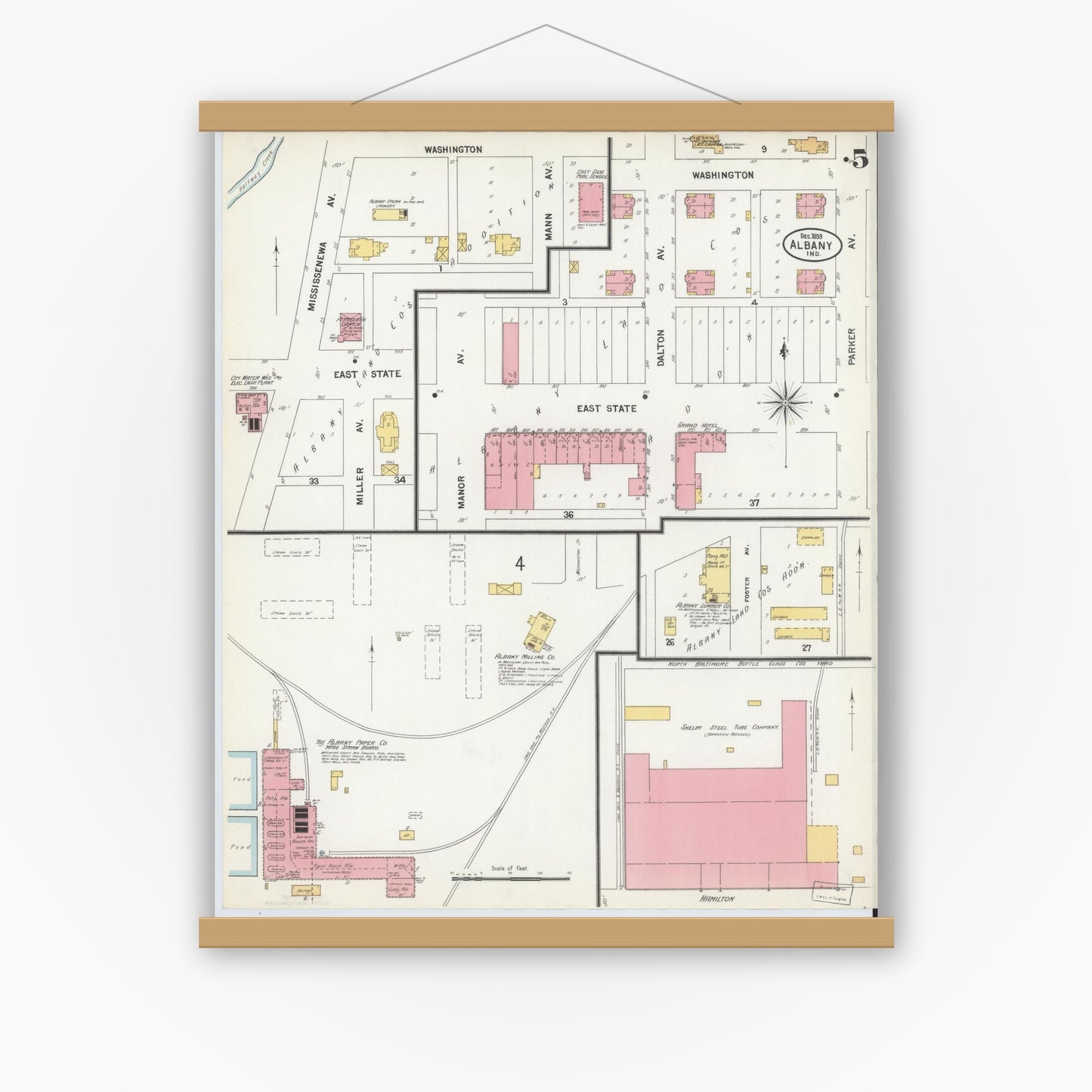 Old map wall art mockup — magnetic wood frame on white wall — Sanborn Fire Insurance Map from Albany, Delaware County, Indiana (1899), Sheet #0005